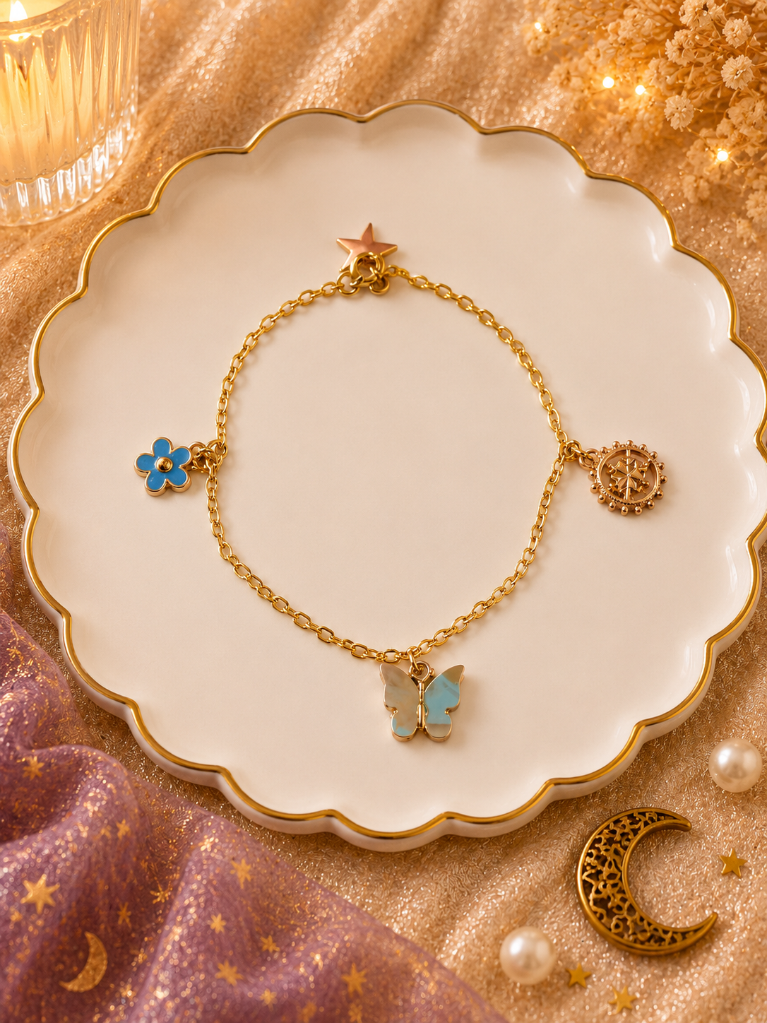 Blue Butterfly Charm Bracelet (Gold)