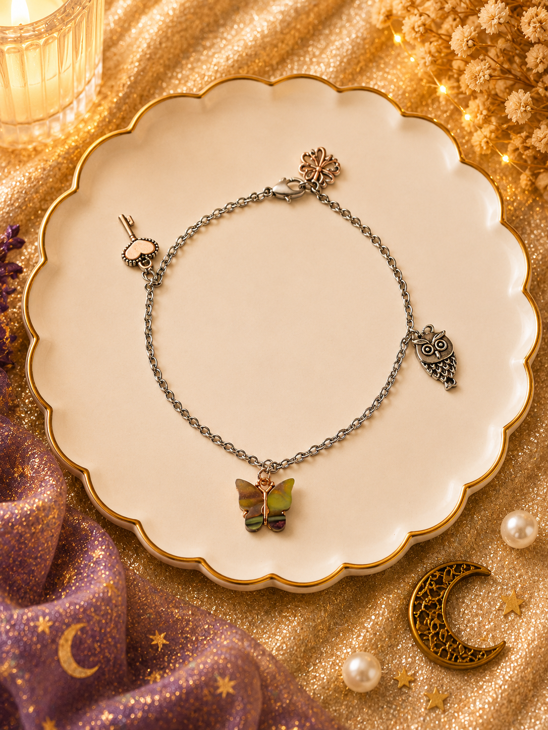 Green Butterfly Charm Bracelet (Silver)