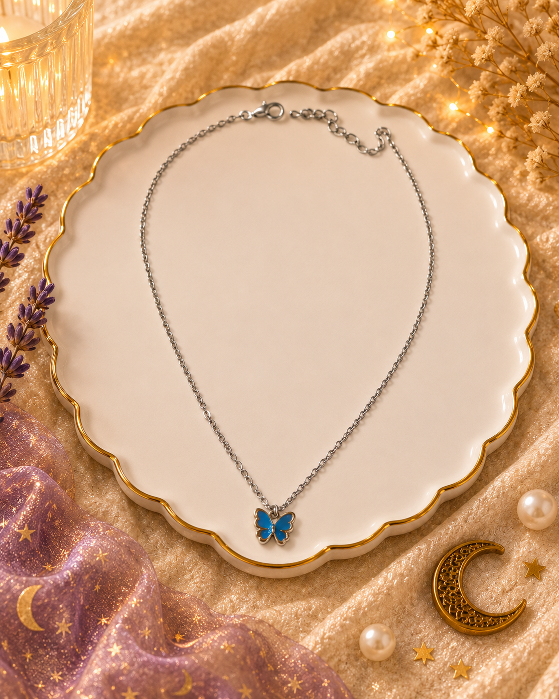 Blue Butterfly Pendant Necklace (Silver)