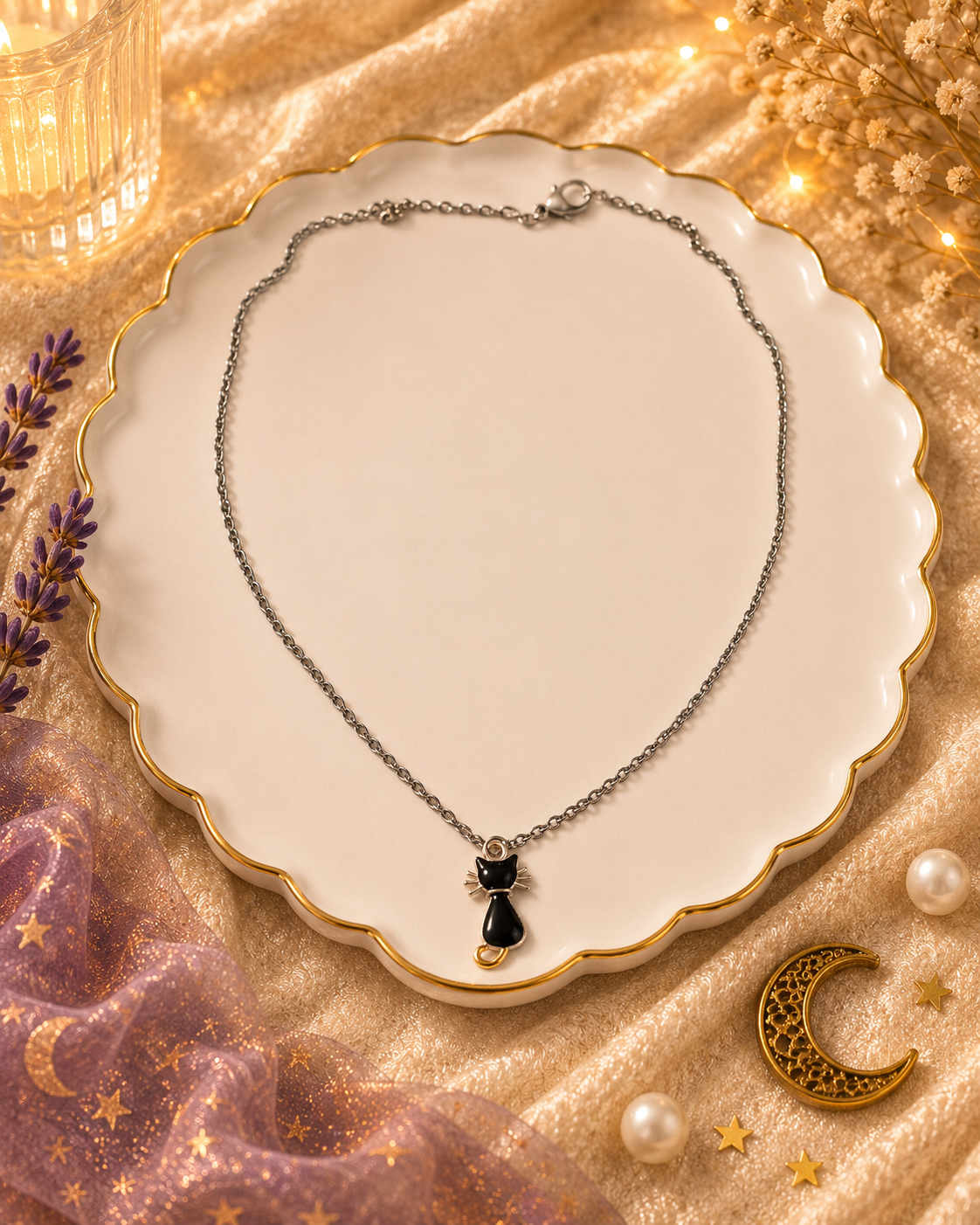 Black Cat Pendant Necklace (Silver)
